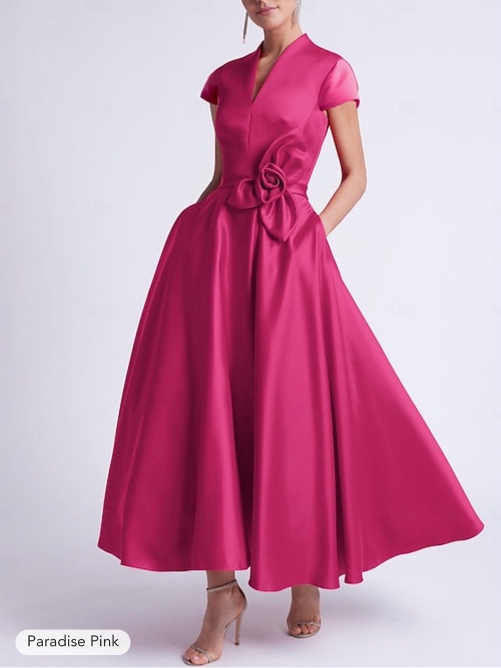 V Neck Cocktail Wedding Guest Party Dress Sleeveless Pocket Satin Paradise Pink
